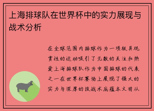 上海排球队在世界杯中的实力展现与战术分析